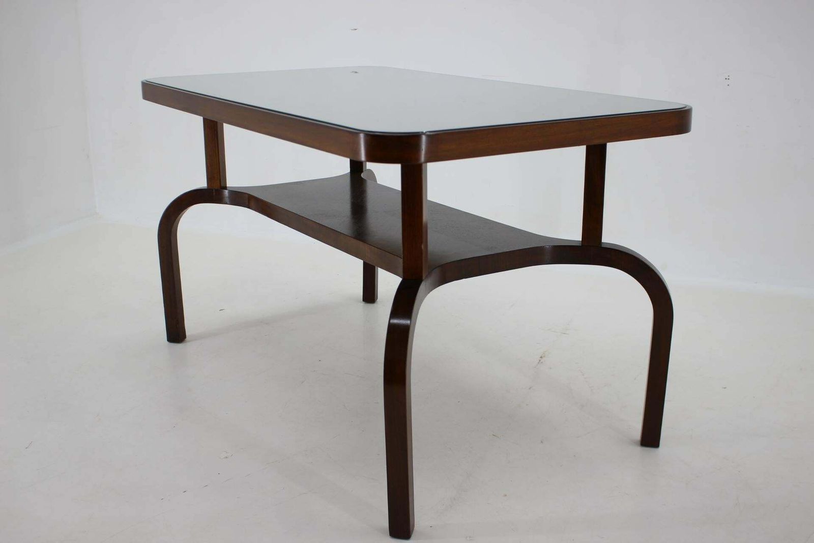 1930s Restored Coffee Table In Walnut With Glass Top, Czechoslovakia photo vintage