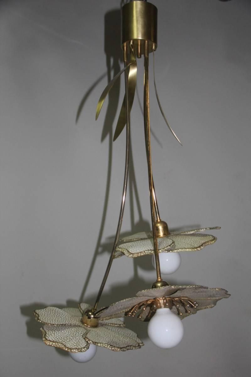 Chandelier Metal Flowers Lacquered Brass Italian Design 1970 photo furniture