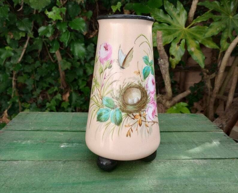 Beautiful Victorian Pale Pink Enamelled Glass Vase On Ball Feet photo Home Decor