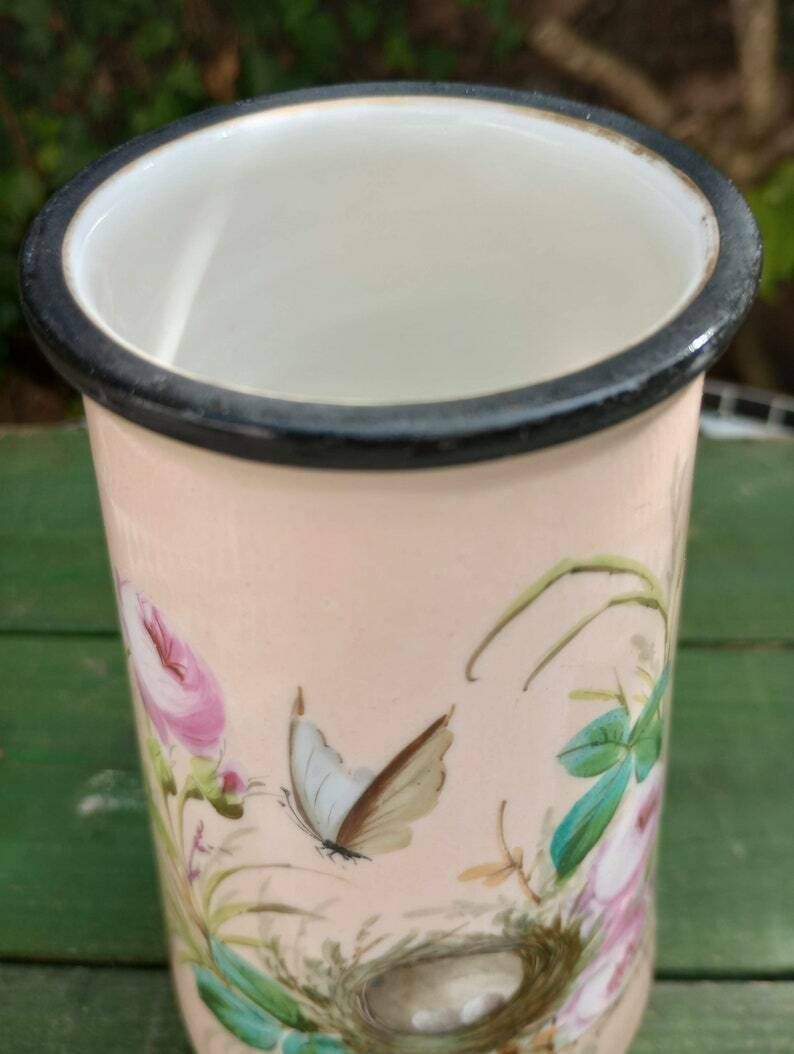 Beautiful Victorian Pale Pink Enamelled Glass Vase On Ball Feet photo vintage
