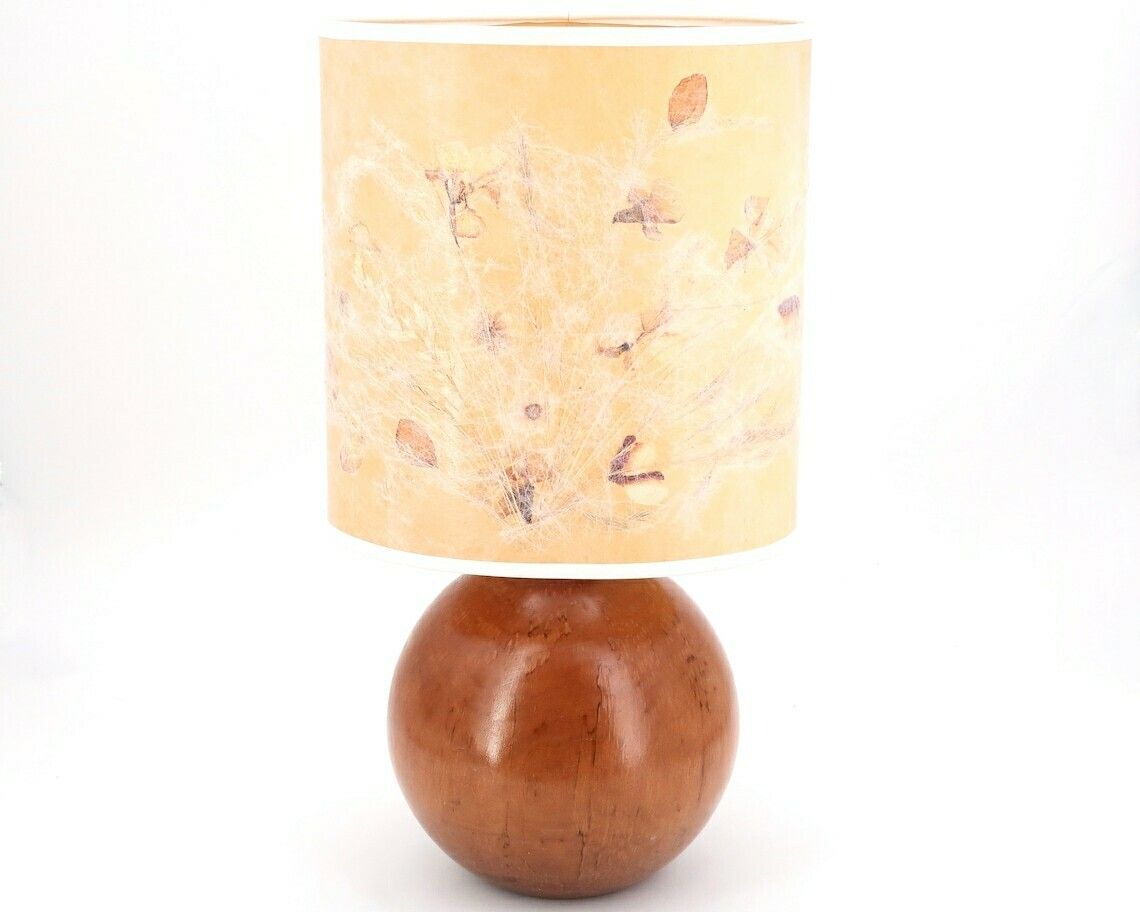 Wooden Table Lamp, Herbarium Shade With Dried Flowers, 1970s / Sphere, Ball, Minimalist, Boho Chic, Folk, Bohemian