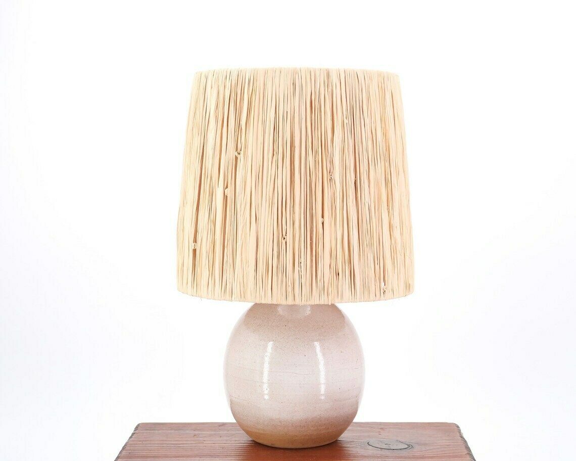 Ceramic Table Lamp, Raffia Shade, 1960s / Beige, Boho Chic, Folk, Country