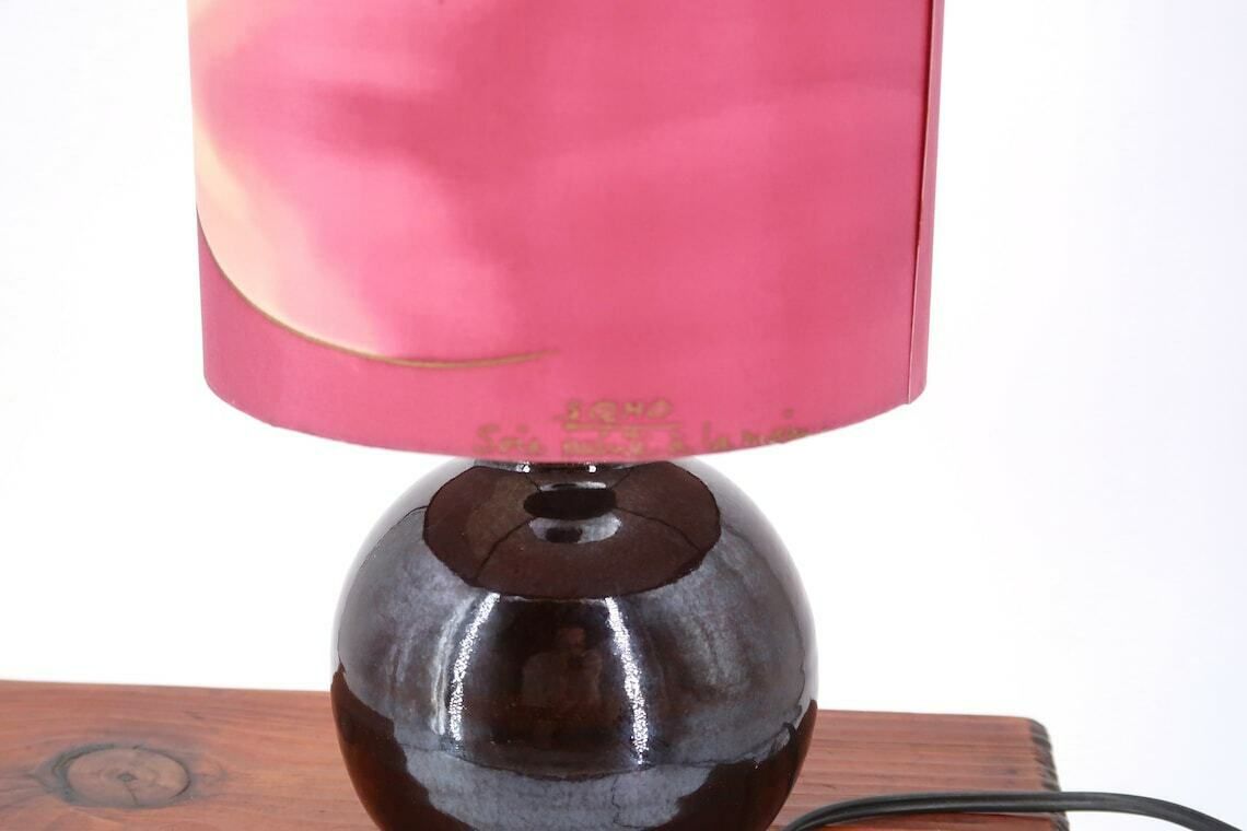 French Dark Purple Ceramic Table Lamp, Silk Shade, 1970s / Pink, Boho Chic, Folk, Country photo 317.0