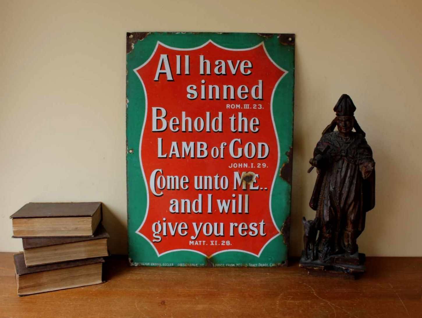 Religious Church Enamel Metal Sign. Lamb Of God Bible Quote. C1915. photo for sale