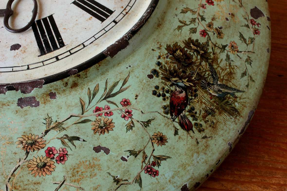 French Aesthetic Toleware Wall Clock. Large Green Metal Country House. photo furniture