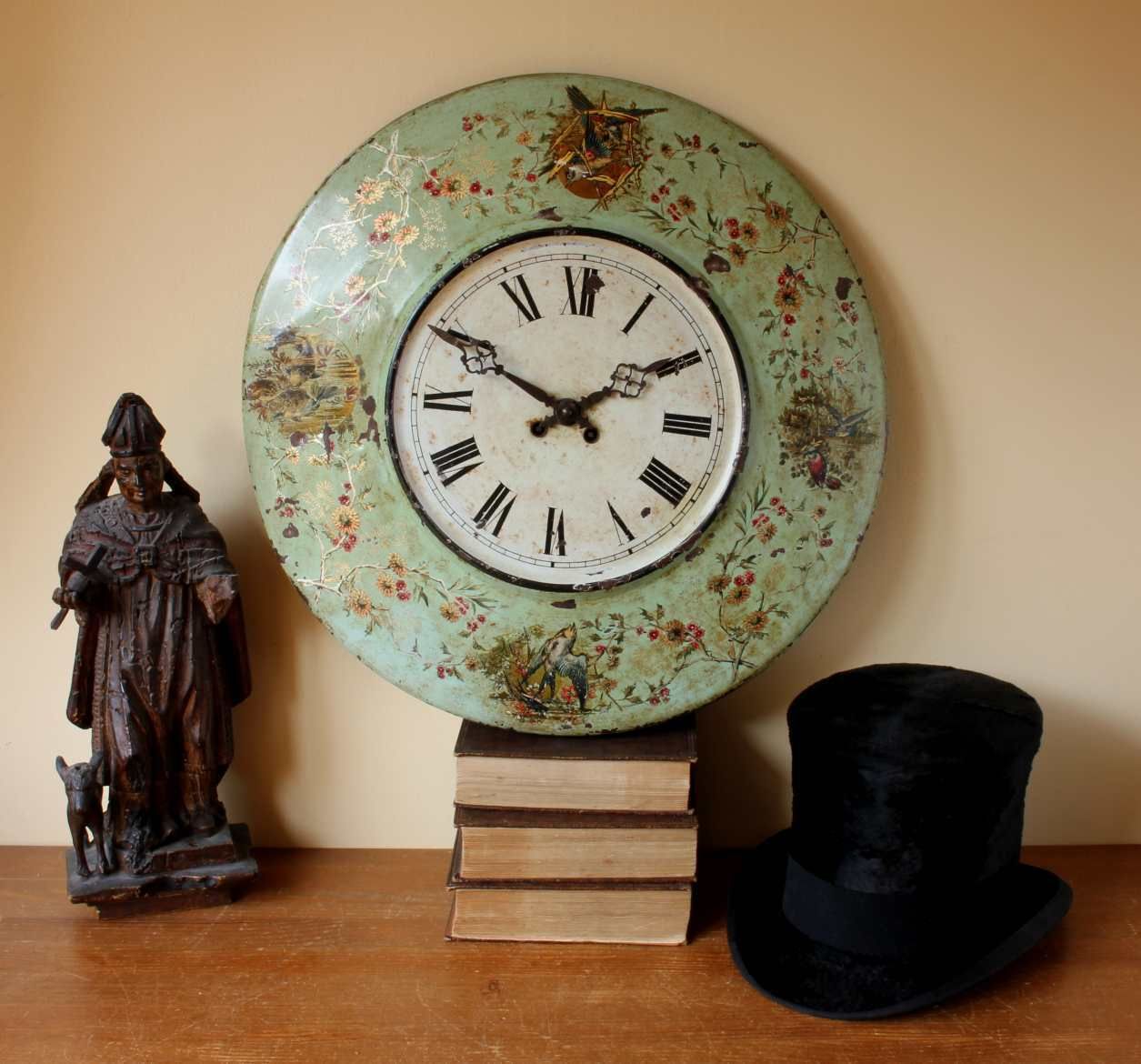 French Aesthetic Toleware Wall Clock. Large Green Metal Country House. photo for sale