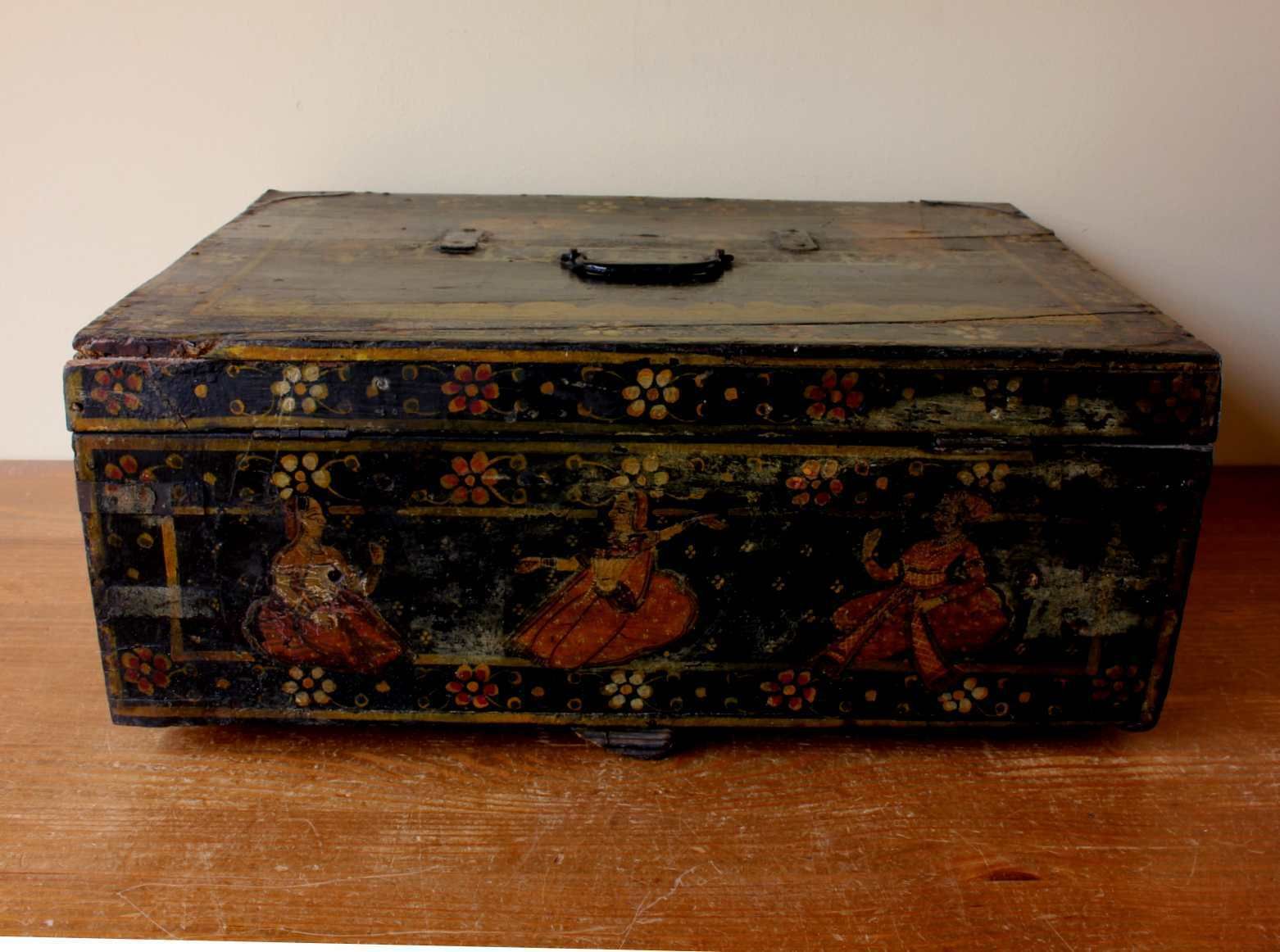 Indian Rajastani Hand Painted Wood Marriage Dowry Box. 19th Century. photo furniture