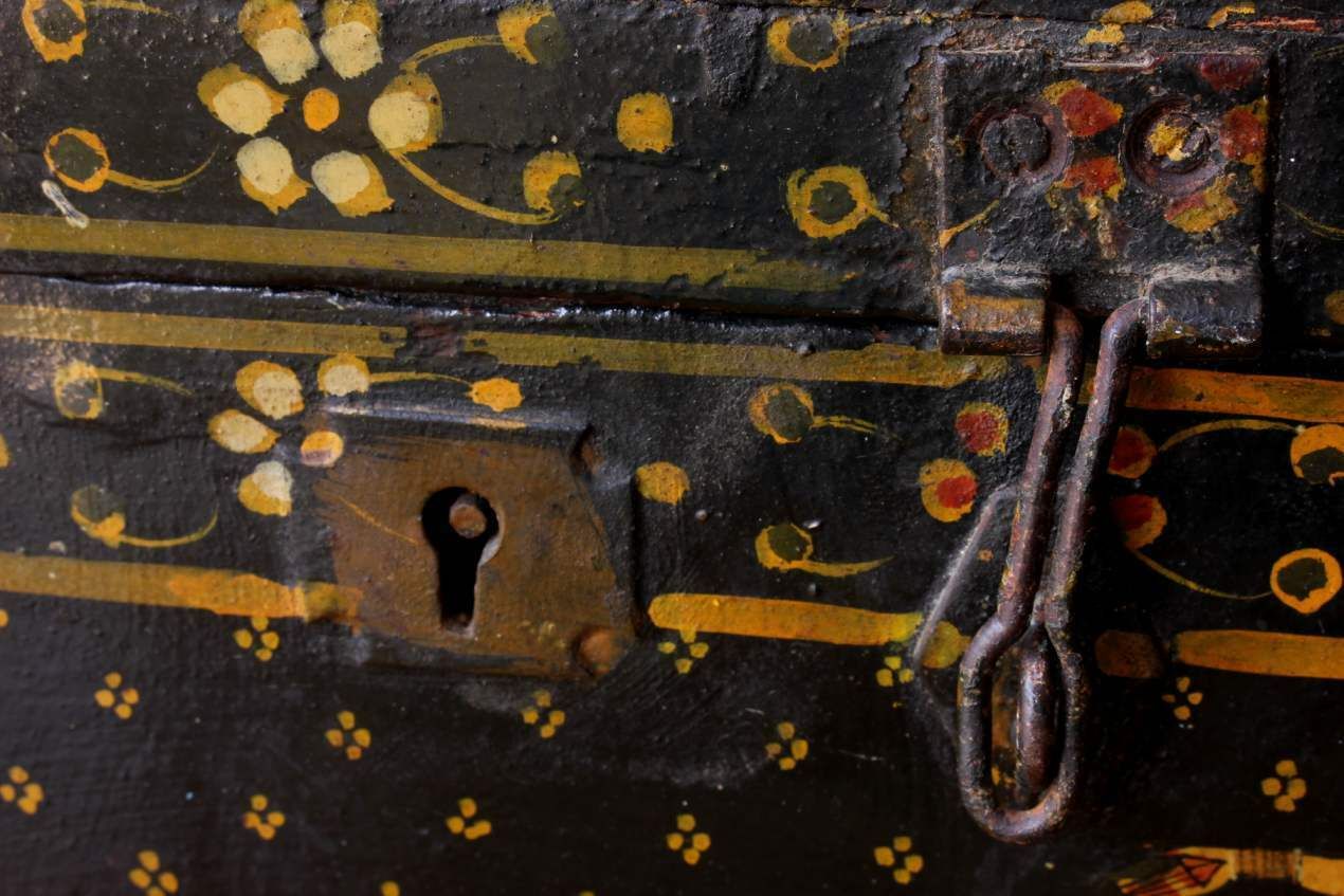 Indian Rajastani Hand Painted Wood Marriage Dowry Box. 19th Century. photo vintage