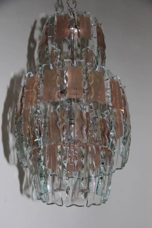 photo for sale Pair Of Chandelier Curved Glass, 1970s,Crystall,Steel, Italian Design Chipped