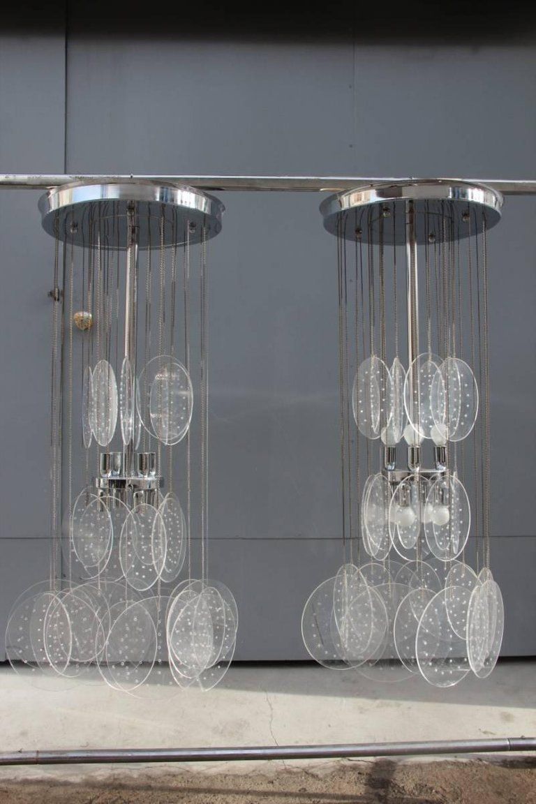 Pair Of Chandeliers Plexiglass And Metal Chrome Italian Design 1970 Pop Art photo buy