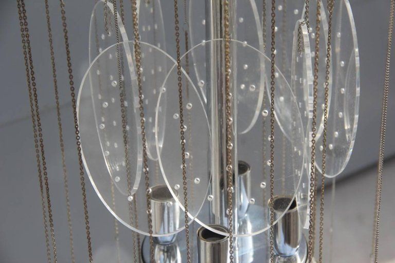 photo for sale Pair Of Chandeliers Plexiglass And Metal Chrome Italian Design 1970 Pop Art