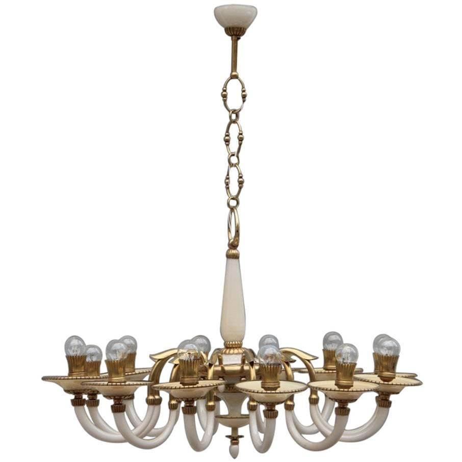 Elegant Chandelier In Opal Glass And 1950s Italian Design Brass