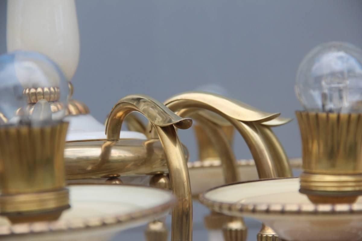 Elegant Chandelier In Opal Glass And 1950s Italian Design Brass photo 3000.0