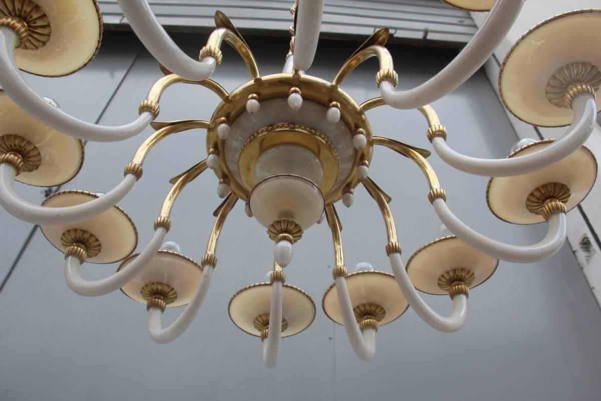 photo furniture Elegant Chandelier In Opal Glass And 1950s Italian Design Brass
