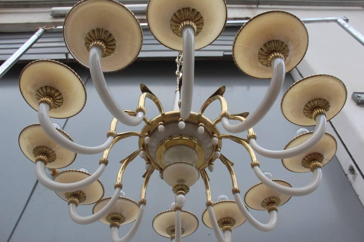 photo for sale Elegant Chandelier In Opal Glass And 1950s Italian Design Brass