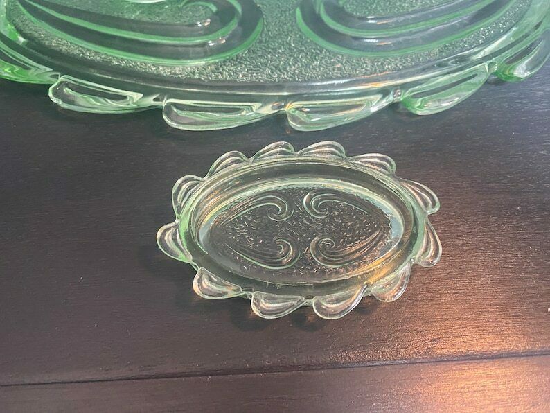 Vintage Green Glass Dressing Table Set Art Deco Glass Vanity Set By Bagley  In Rutland Pattern #3078 1930s Free Shipping | Vinterior