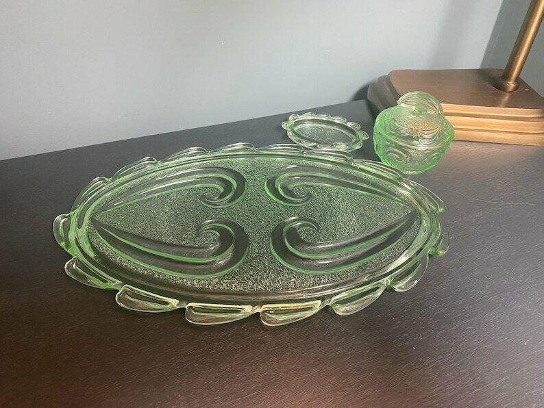 Vintage Green Glass Dressing Table Set   Art Deco Glass Vanity Set By Bagley In Rutland Pattern #3078   1930s Free Shipping photo vintage