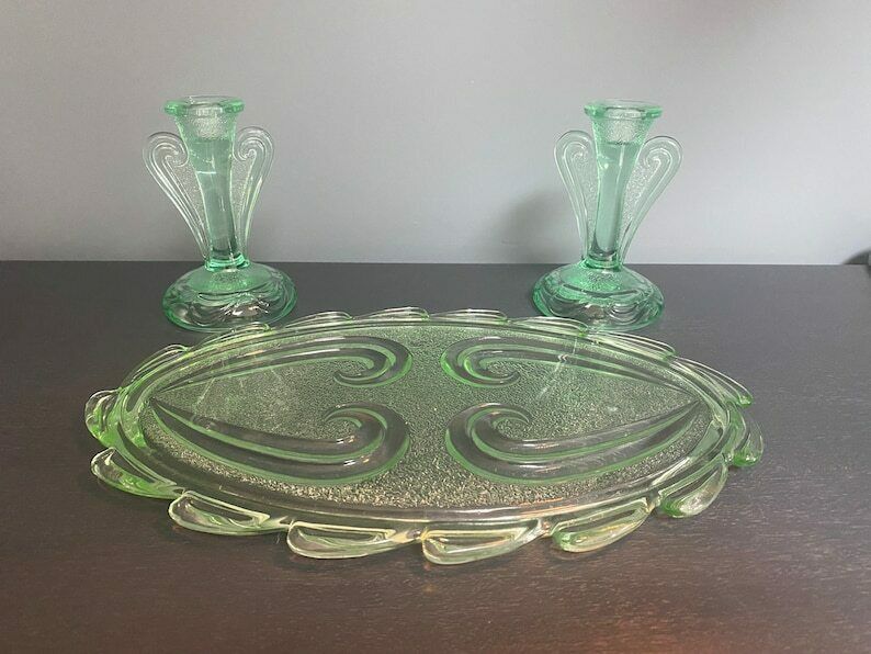Vintage Green Glass Dressing Table Set   Art Deco Glass Vanity Set By Bagley In Rutland Pattern #3078   1930s Free Shipping photo furniture