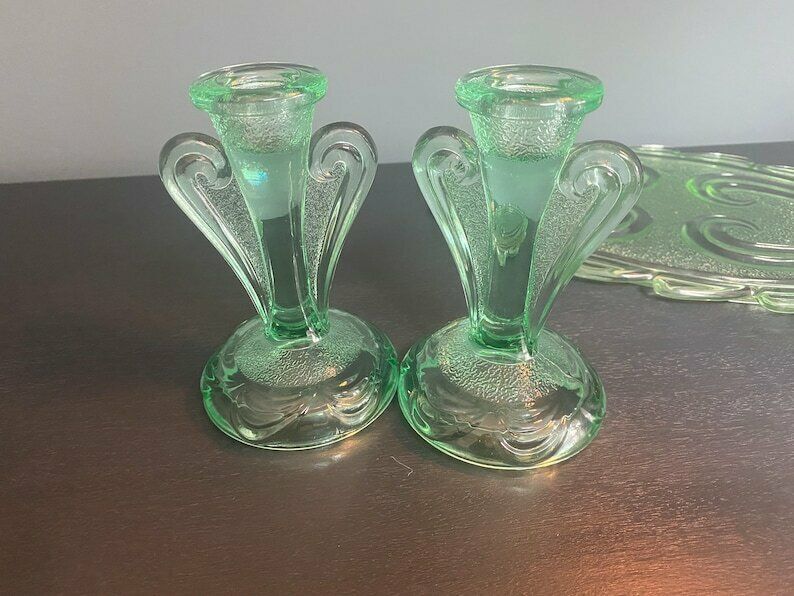 Vintage Green Glass Dressing Table Set   Art Deco Glass Vanity Set By Bagley In Rutland Pattern #3078   1930s Free Shipping photo for sale