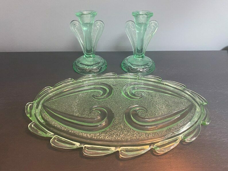 Vintage Green Glass Dressing Table Set   Art Deco Glass Vanity Set By Bagley In Rutland Pattern #3078   1930s Free Shipping photo vinterior