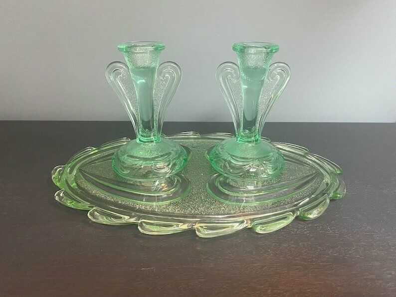 Vintage Green Glass Dressing Table Set   Art Deco Glass Vanity Set By Bagley In Rutland Pattern #3078   1930s Free Shipping photo buy