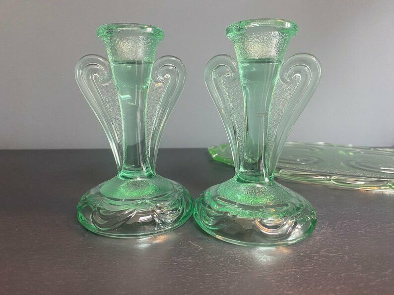 Vintage Green Glass Dressing Table Set   Art Deco Glass Vanity Set By Bagley In Rutland Pattern #3078   1930s Free Shipping photo vintage