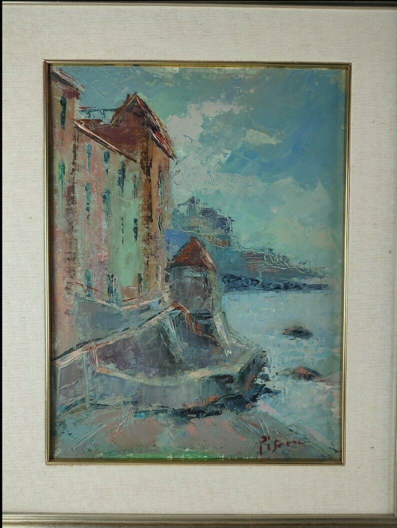 Framed Oil Painting Of A Fortified Italian Coastal City photo vinterior