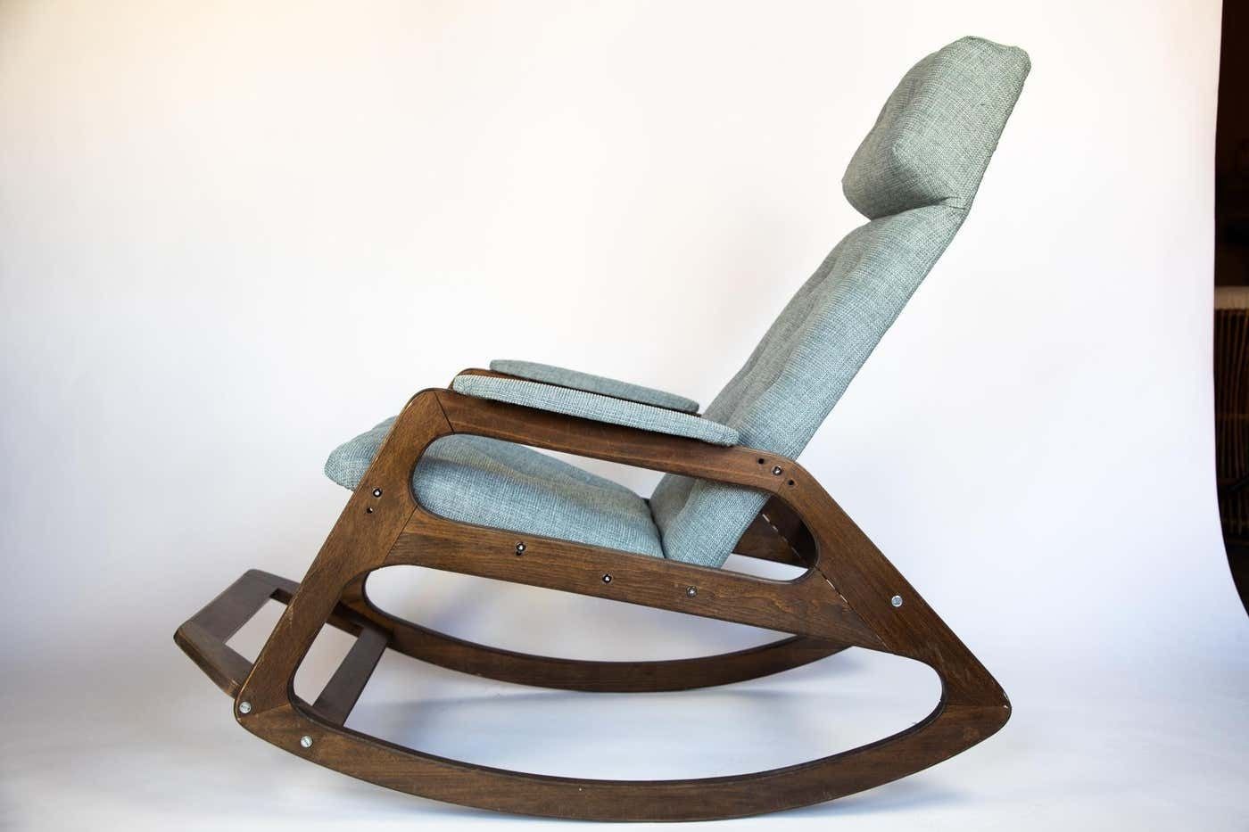 Rocking Chair Made Of Solid Wood And Ice Blue Reupholstery, Italy 1960s, Mid Century photo vinterior