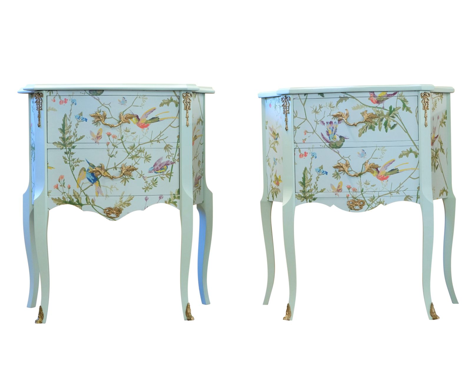 A Pair Of Louis XV Style Bedside Tables With Floral Design And Marble Tops photo vintage