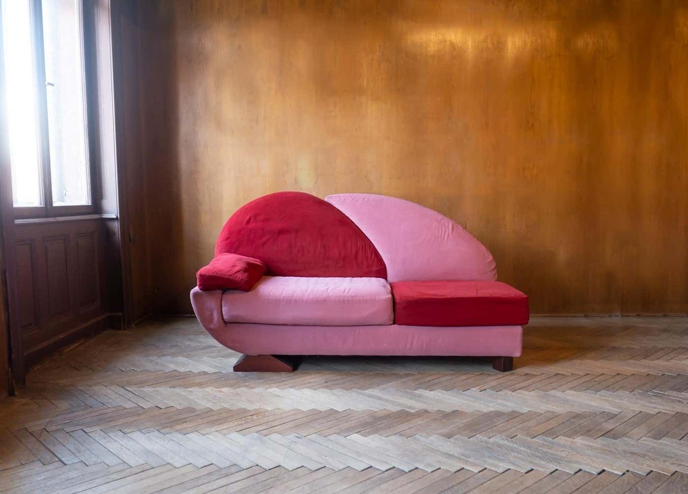 Post Modern Pink And Red Alcantara Sofas, Italy, 1980s photo vintage