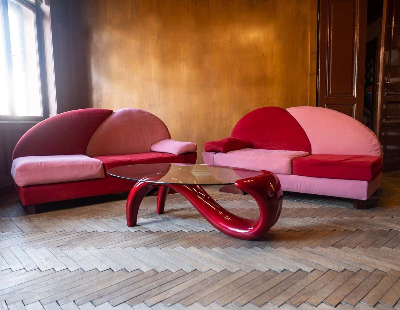 photo furniture Post Modern Pink And Red Alcantara Sofas, Italy, 1980s