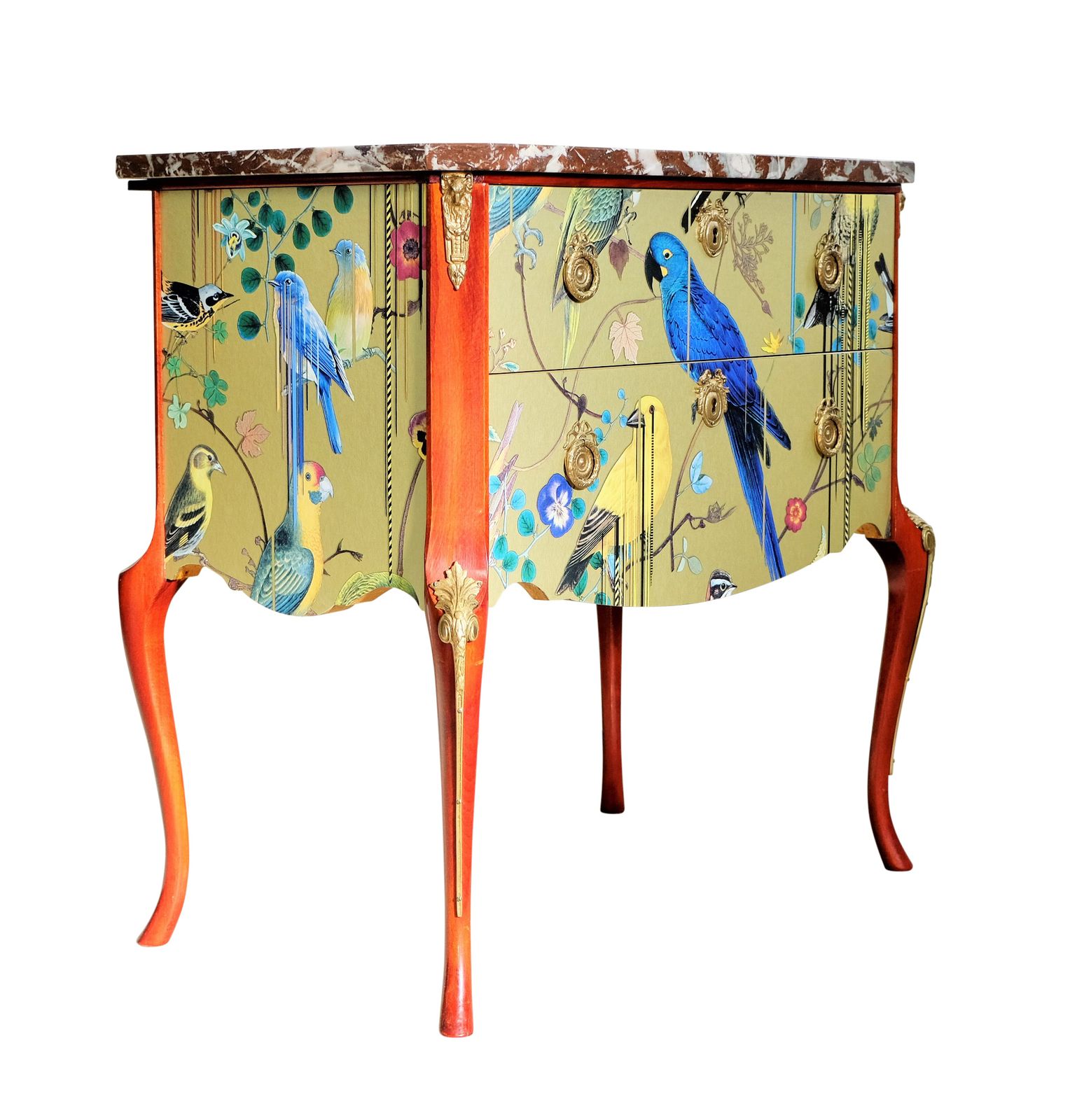 Louis XV Style Chest With Gold Birds Design And Marble Top photo furniture