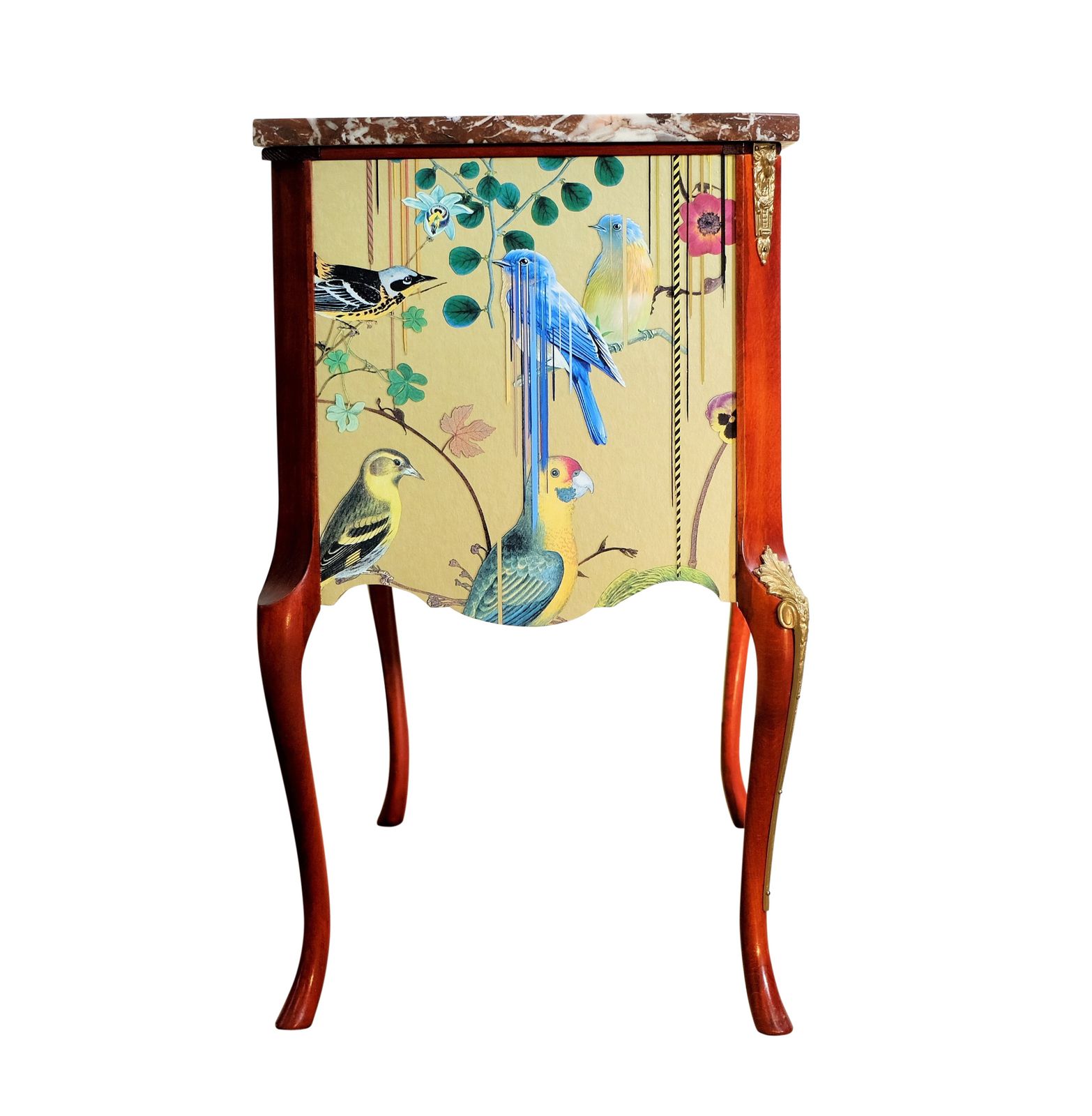 Louis XV Style Chest With Gold Birds Design And Marble Top photo vinterior