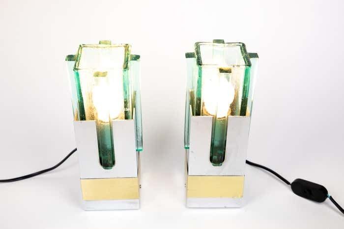 Pair Of Lampshades Table Lamps In Turquoise Glass, Brass And Chrome, Italy, 1970s photo for sale
