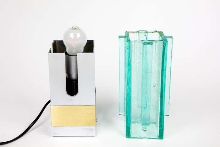 photo buy Pair Of Lampshades Table Lamps In Turquoise Glass, Brass And Chrome, Italy, 1970s