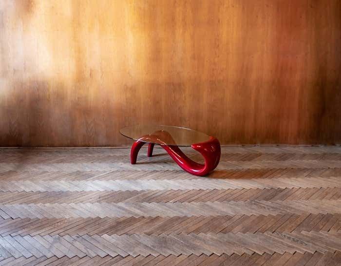 Postmodern, Shiny, Red Coffee Table With Glass Top, Italy 1980s photo furniture