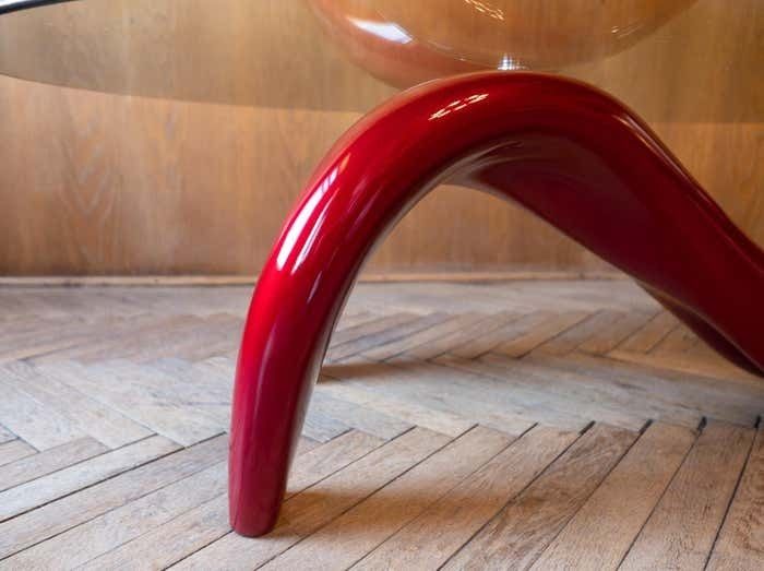 Postmodern, Shiny, Red Coffee Table With Glass Top, Italy 1980s photo vinterior