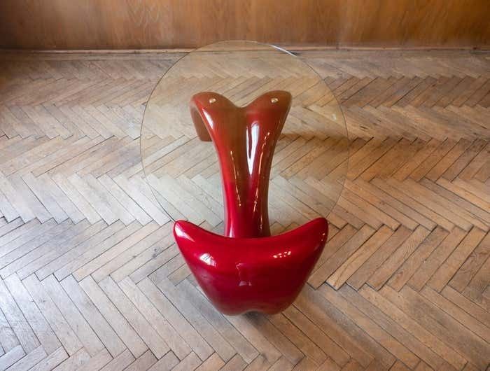 Postmodern, Shiny, Red Coffee Table With Glass Top, Italy 1980s photo vintage