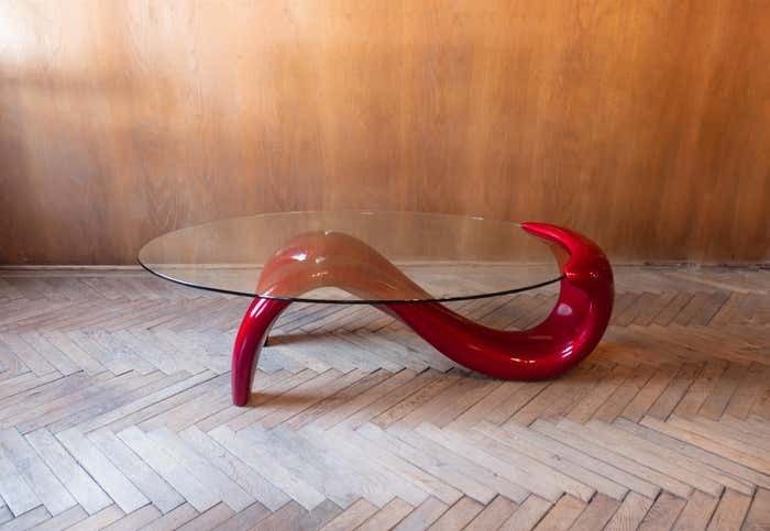 Furniture Postmodern, Shiny, Red Coffee Table With Glass Top, Italy 1980s photo