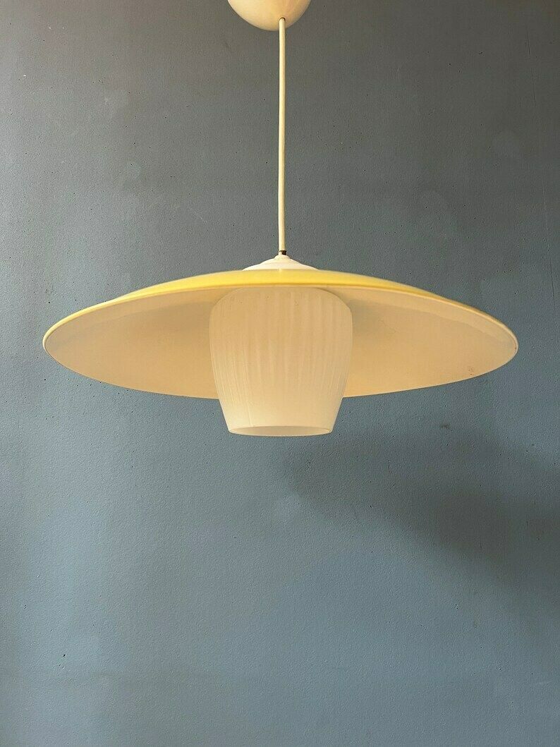 Mid Century Danish Pendant Lamp With Yellow Metal Cover And Opaline Glass Shade photo buy