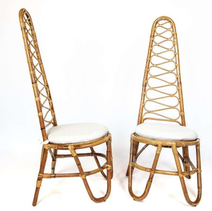 Mid Century Modern Rattan Chairs And High Back Table, Italy 1960s photo buy