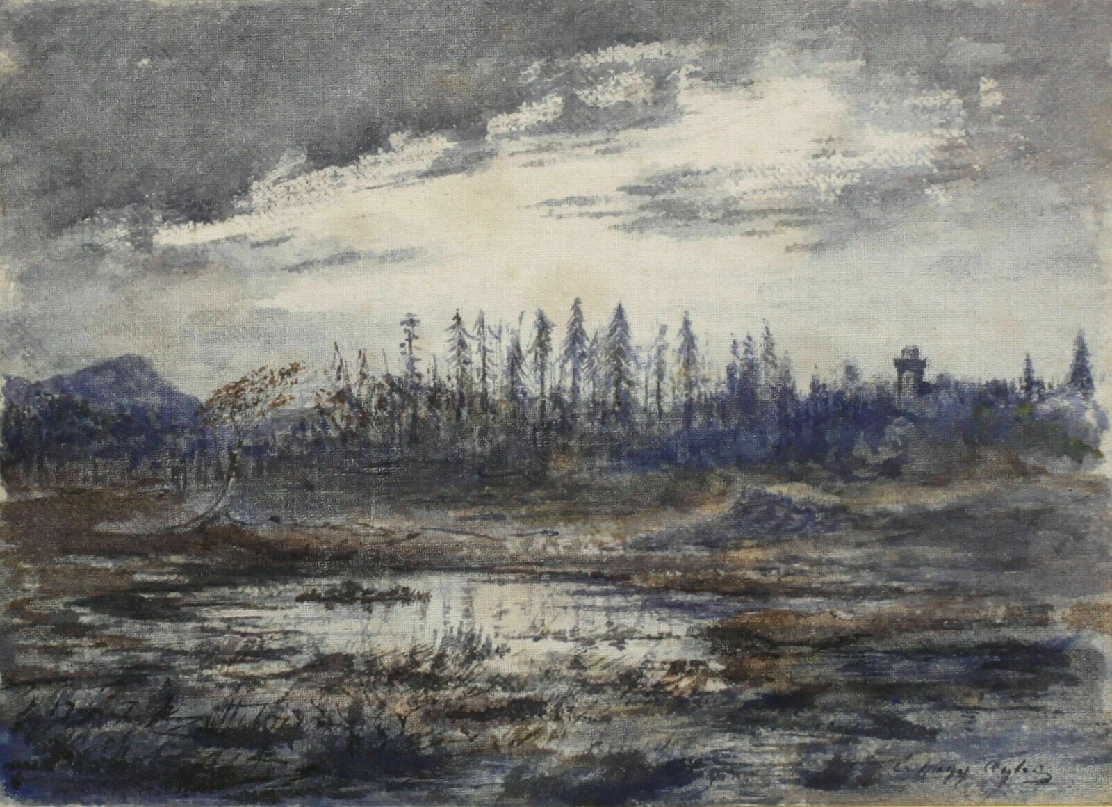 Ink Wash On Linen. Landscape With Fir Trees photo furniture