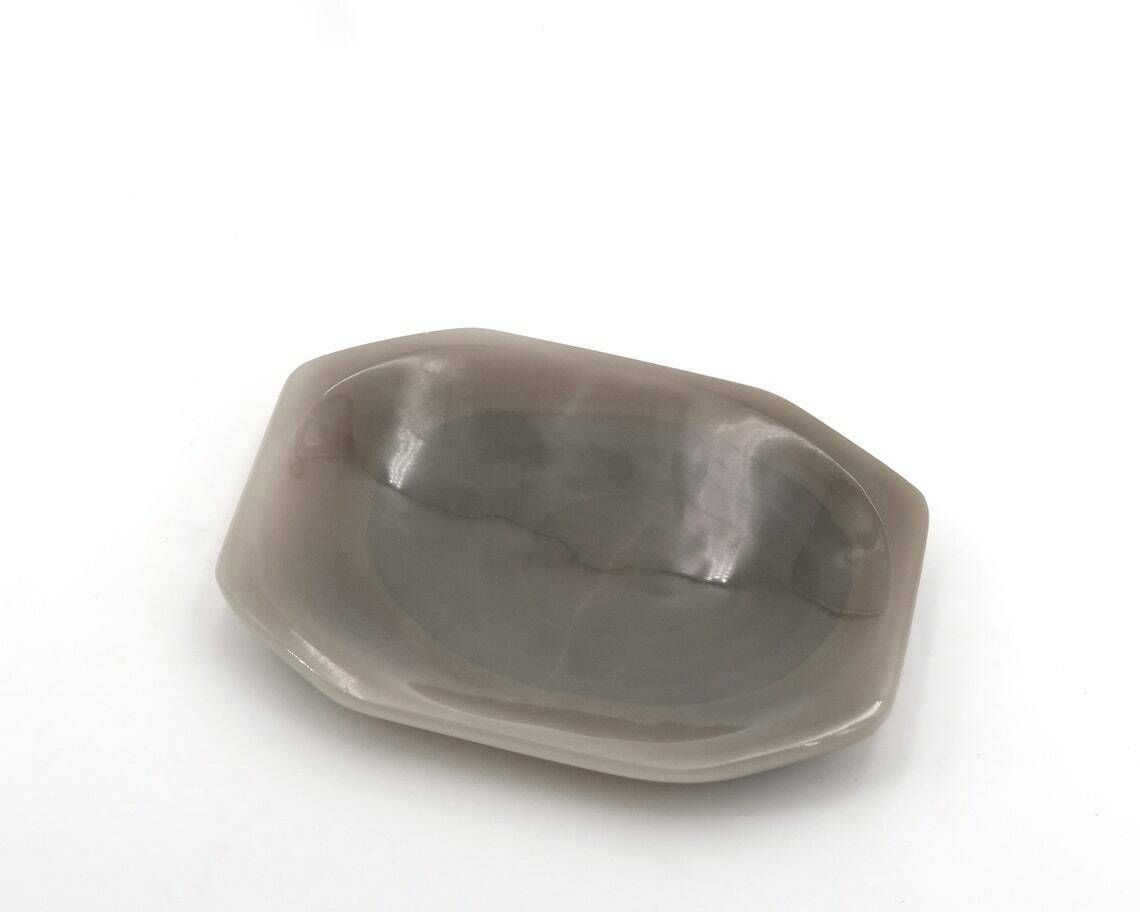 Grey Agate Stone Ring Dish, 1970s / Brown Grey, Carved Stone, Boho Chic, Folk, Bohemian, Bowl, Ashtray photo for sale