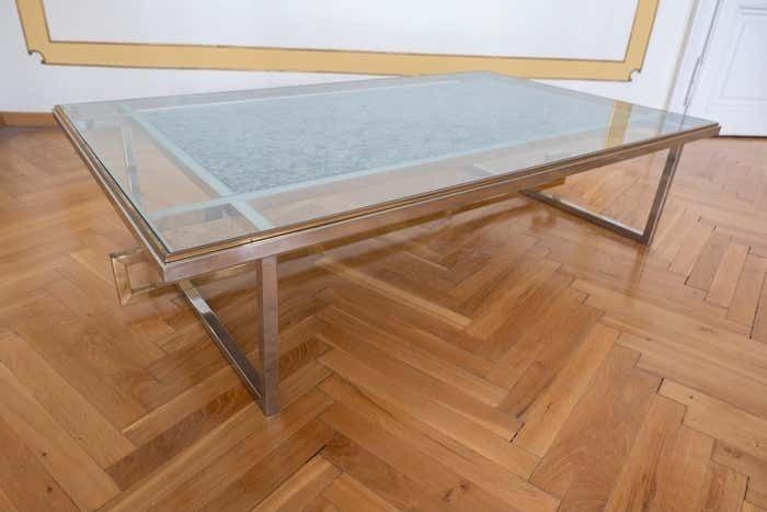 Mid Century Modern Brass Chrome Glass Marble Coffee Table, Italy 1970s photo Furniture