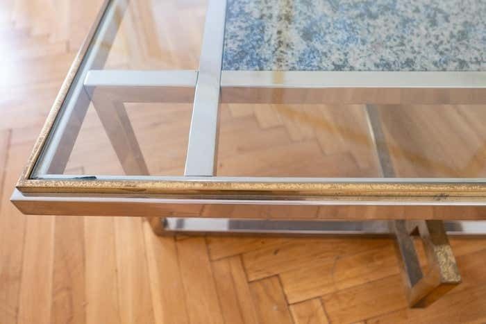 photo for sale Mid Century Modern Brass Chrome Glass Marble Coffee Table, Italy 1970s