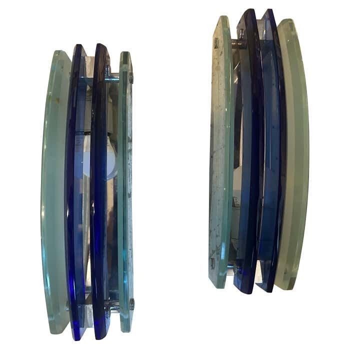 1960s Set Of Two Space Age Blue Heavy Glass Italian Wall Sconces By Veca