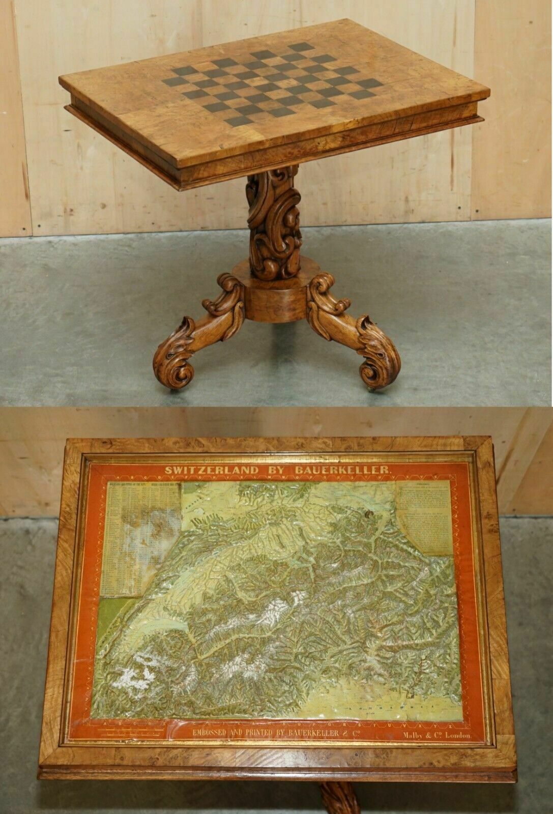 Circa 1850 Malby & Co Map Of Switzerland By Bauerkeller Burr Walnut Chess Table