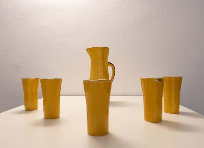 Mid Century Yellow Carafe Set With 5 Cups In Glazed Ceramic, France 1970s photo furniture