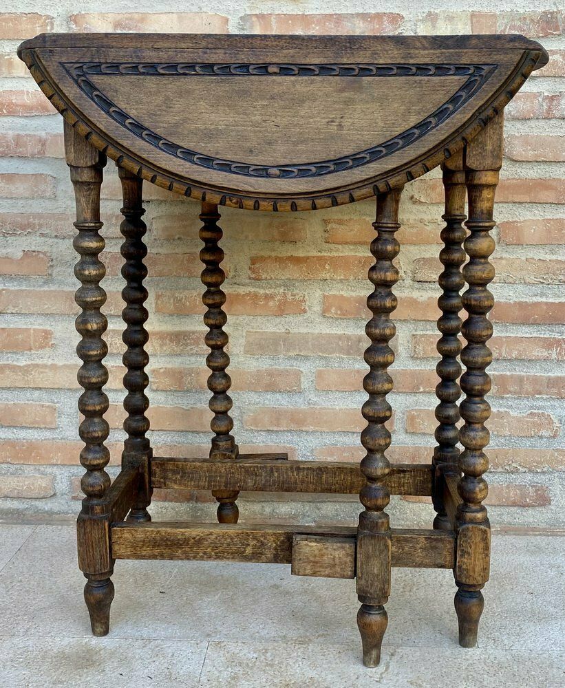 Round Folding Center Oak Table With Carved Top And Solomonic Legs, 1940s photo for sale