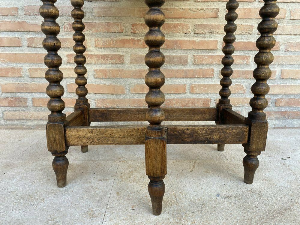 photo furniture Round Folding Center Oak Table With Carved Top And Solomonic Legs, 1940s